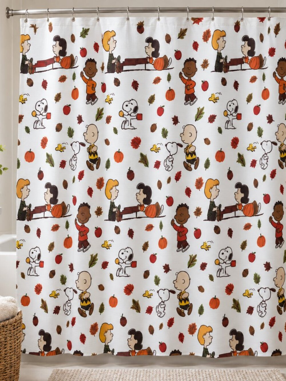 Fall Shower Curtain, Snoopy Charlie Brown Bathroom Decor, Peanuts Fall Decor, 72